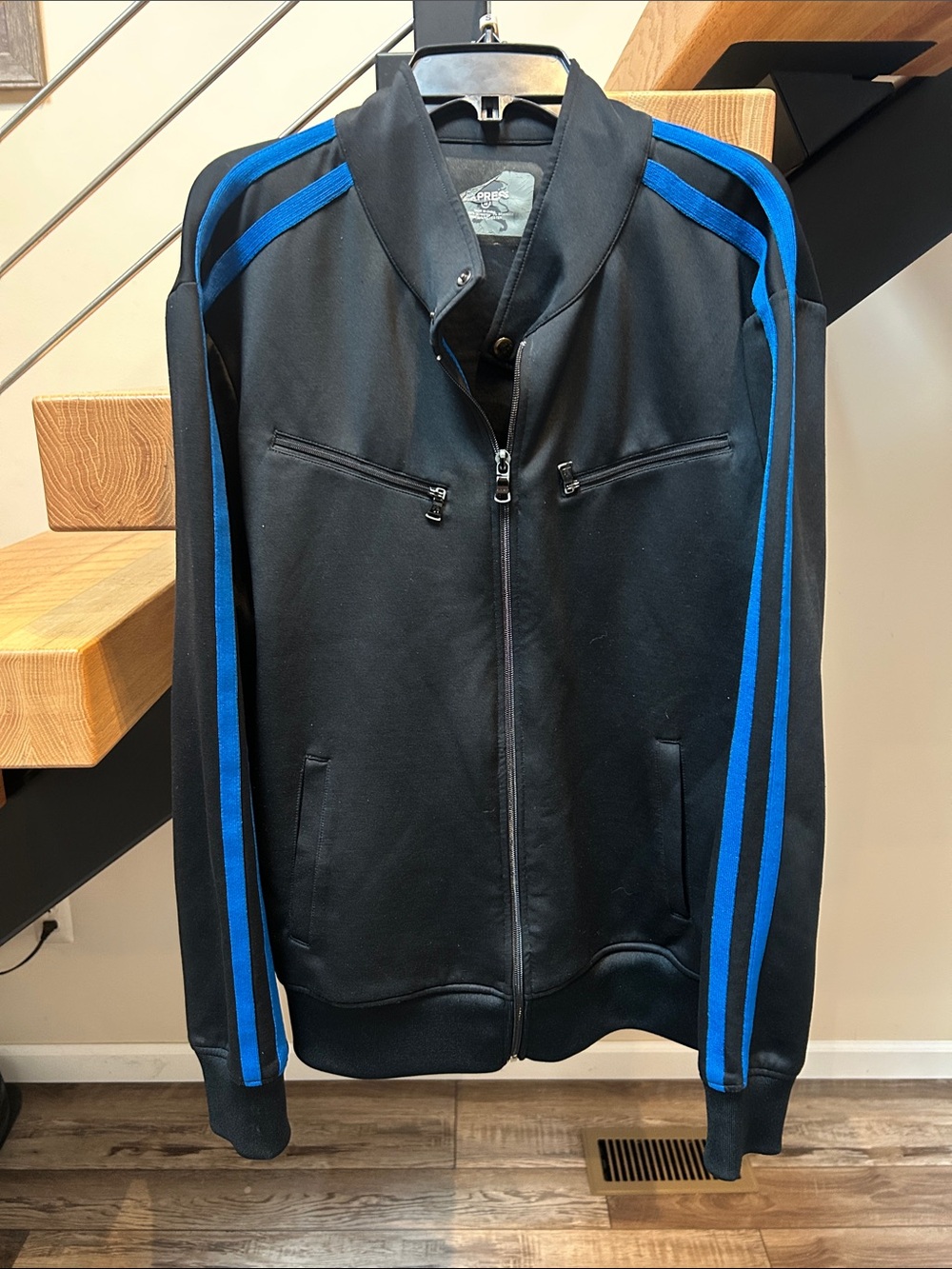Express Black Bomber Jacket with Blue Shoulder Stripes